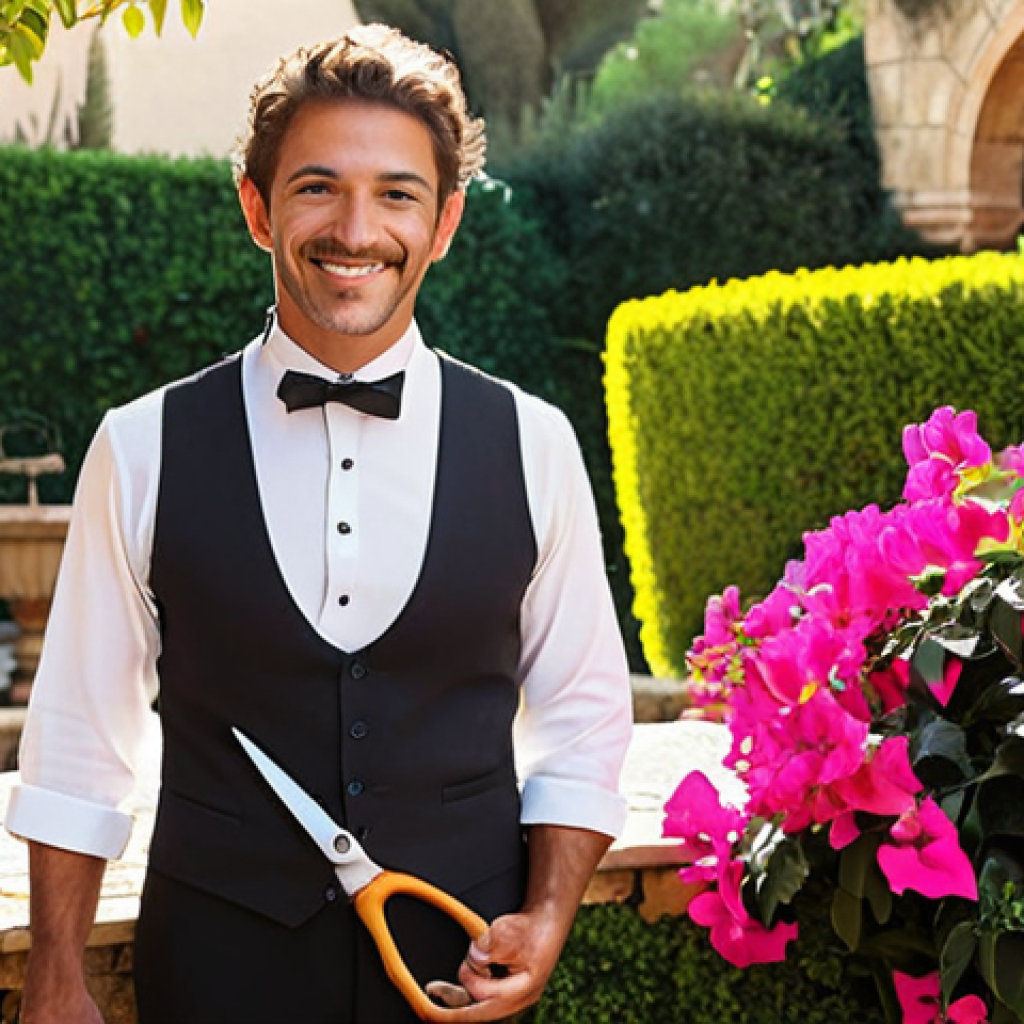 **

Prompt: Austin, a charming butler, stands proudly in a beautifully restored Mediterranean garden.  Sunlight bathes the vibrant bougainvillea, meticulously trimmed hedges, and a classic Andalusian fountain.  He holds pruning shears and smiles warmly, suggesting "Bienvenido!"  A plate of churros and a cup of café con leche sit on a nearby stone bench.  Golden hour lighting.

**