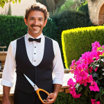 **

Prompt: Austin, a charming butler, stands proudly in a beautifully restored Mediterranean garden.  Sunlight bathes the vibrant bougainvillea, meticulously trimmed hedges, and a classic Andalusian fountain.  He holds pruning shears and smiles warmly, suggesting "Bienvenido!"  A plate of churros and a cup of café con leche sit on a nearby stone bench.  Golden hour lighting.

**