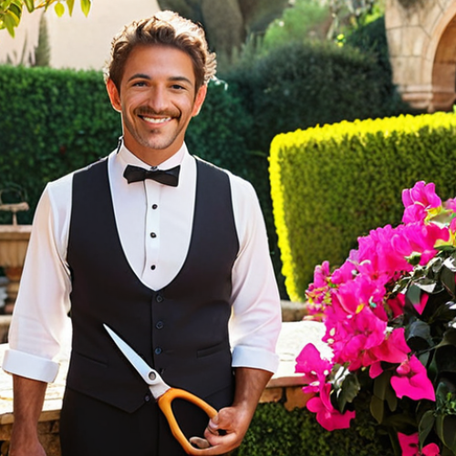 Home 11 **
Prompt: Austin, a charming butler, stands proudly in a beautifully restored Mediterranean garden. Sunlight bathes the vibrant bougainvillea, meticulously trimmed hedges, and a classic Andalusian fountain. He holds pruning shears and smiles warmly, suggesting "Bienvenido!" A plate of churros and a cup of café con leche sit on a nearby stone bench. Golden hour lighting.
**