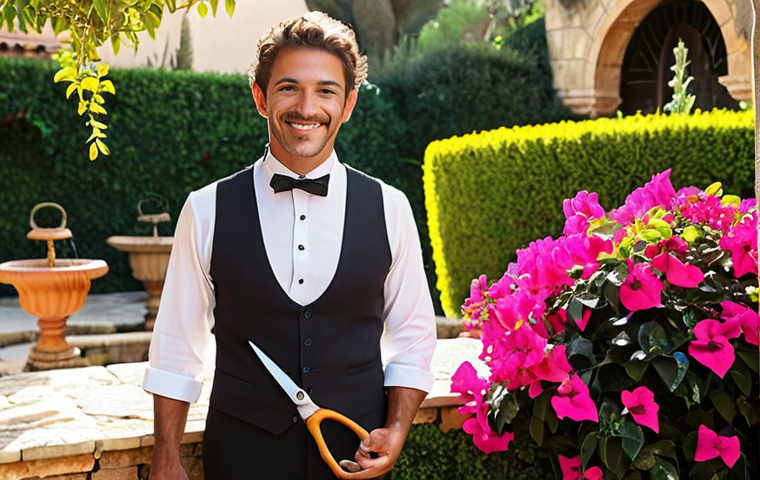 **
Prompt: Austin, a charming butler, stands proudly in a beautifully restored Mediterranean garden. Sunlight bathes the vibrant bougainvillea, meticulously trimmed hedges, and a classic Andalusian fountain. He holds pruning shears and smiles warmly, suggesting "Bienvenido!" A plate of churros and a cup of café con leche sit on a nearby stone bench. Golden hour lighting.
**