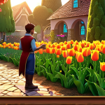 **

A vibrant Dream Garden scene at sunset. Focus on a blooming tulip and rose garden with a few scattered sunflowers. A player character (avatar) is happily collecting coins. In the background, show expansions happening, and indicate "coins" with a "€" symbol on the screen. The overall feeling is positive and prosperous. Use warm, inviting colors. Style: Digital painting.

**