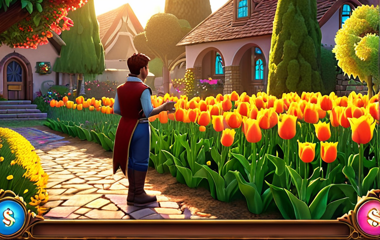 **
A vibrant Dream Garden scene at sunset. Focus on a blooming tulip and rose garden with a few scattered sunflowers. A player character (avatar) is happily collecting coins. In the background, show expansions happening, and indicate "coins" with a "€" symbol on the screen. The overall feeling is positive and prosperous. Use warm, inviting colors. Style: Digital painting.
**