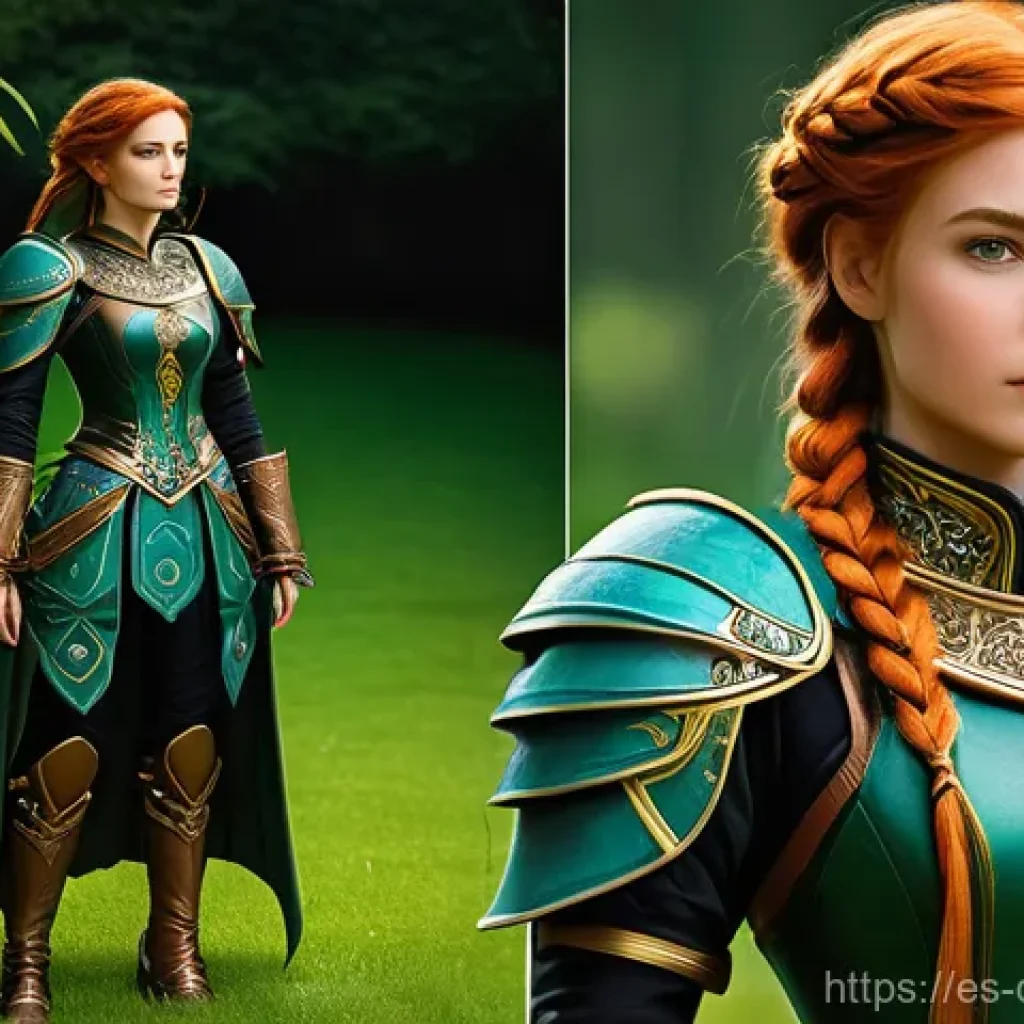 꿈의정원 캐릭터 커스터마이징 팁 - A confident and brave female adventurer, standing tall and proud in a lush, fantastical garden, remi...