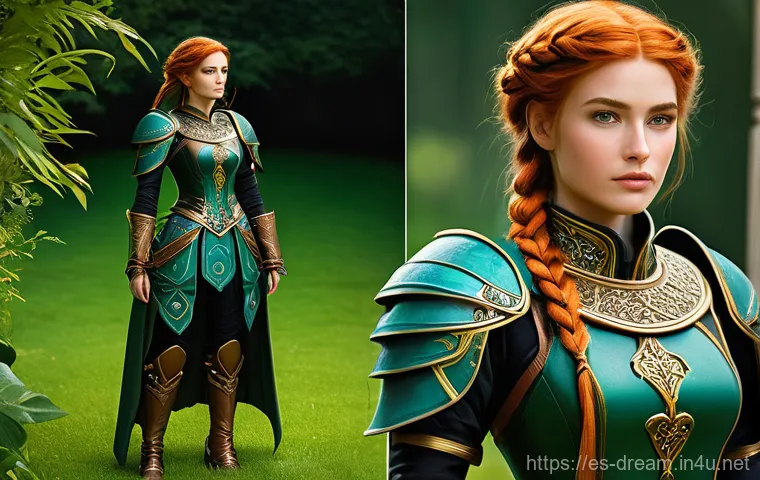 꿈의정원 캐릭터 커스터마이징 팁 - A confident and brave female adventurer, standing tall and proud in a lush, fantastical garden, remi...
