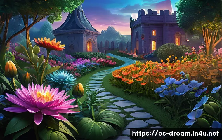 꿈의정원 PvP 시즌 보상 - **A fantastical garden battlefield at twilight, illustrating the magic of synergy in a strategic car...