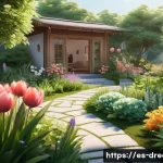 꿈의정원 유저 리뷰 및 평점 - A serene virtual garden scene bathed in soft, warm sunlight, featuring vibrant, richly colored flowe...
