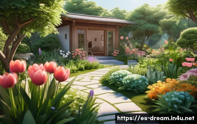 꿈의정원 유저 리뷰 및 평점 - A serene virtual garden scene bathed in soft, warm sunlight, featuring vibrant, richly colored flowe...