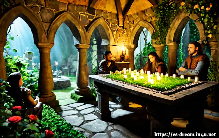 꿈의정원 레이드 던전 공략 - Photorealistic cinematic fantasy scene of a Spanish-speaking adventuring party planning a garden dun...